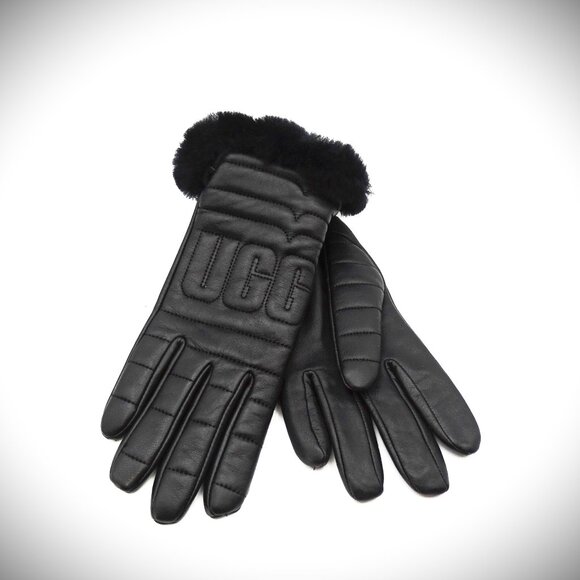 UGG Logo Quilted Leather & Genuine Shearling Gloves Size M - Picture 2 of 8